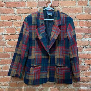 Vintage Oakbrook Women's Multicolor Blanket Plaid Jacket Blazer Sz M Wool Blend